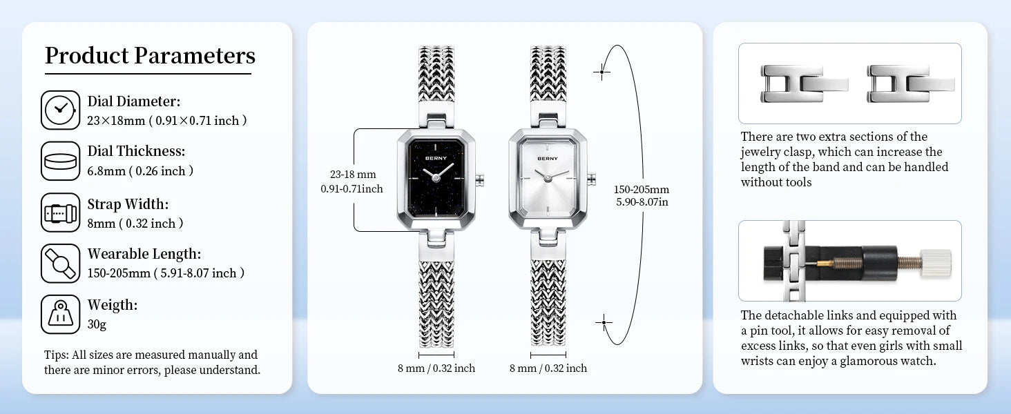 BERNY Square Women Wristwatch Luxury Fashion Quartz watches Minimalist Rectangle Mini Dial Stainless Steel Jewelry Women's Watch
