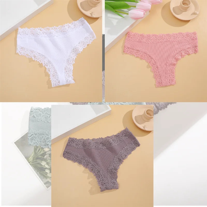 FINETOO 3Pcs Women Cotton Underwear Panties Sexy Lace Brazilian Briefs Low Waist Floral Solid Color G-string Breathable Lingerie