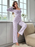 Women's Pajama Set Lace Buttons Trims Sleepwear Slim Long-sleeved Trousers Floral Print Stylish sexy Loungewear Nightwear Pyjama