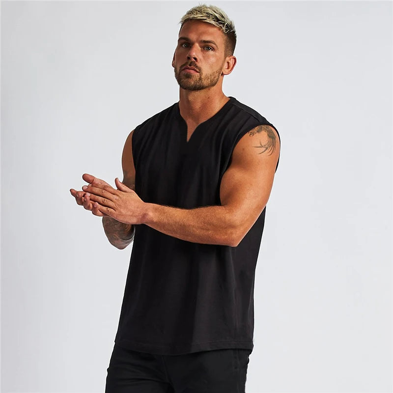 Summer Cotton Breathable V-neck Tank Tops Gym Workout Running Sport Sleeveless Shirt Mens Fitness Bodybuilding Muscle Clothing