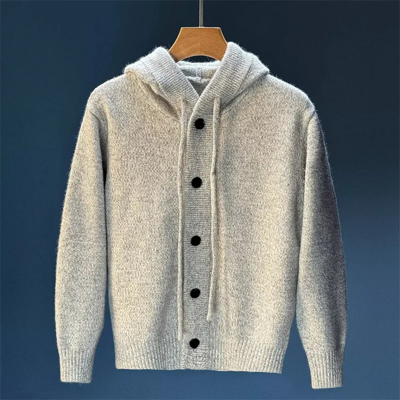 New Casual Luxury Hooded Knitted Cardigan For Man Korean Fashion Loose Button-up Sweater Y2K Vintage Streetwear Knitwear Coat