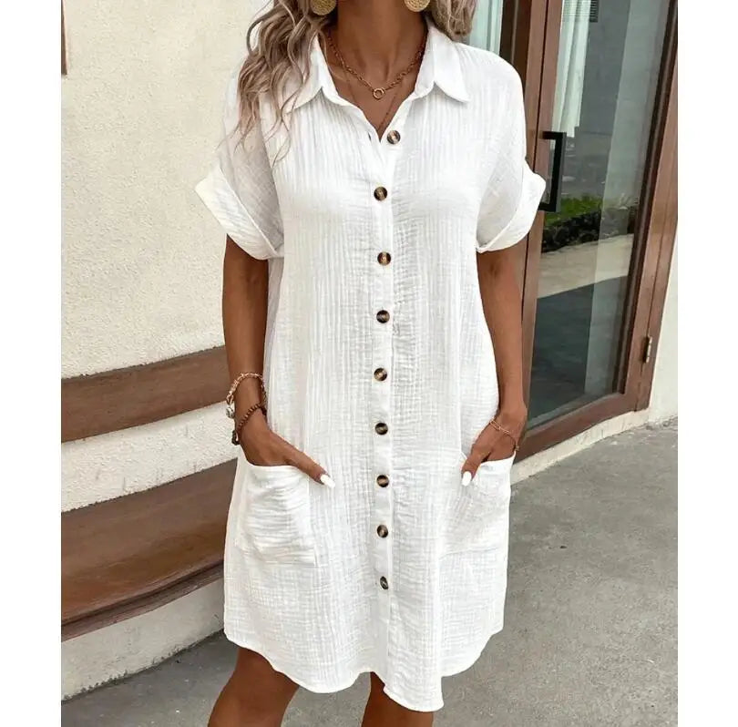 Summer Solid Simple Short Sleeve Shirt Dress Women's Turn-down Collar Single Breasted Casual Elegant Ladies Loose Dresses Main image