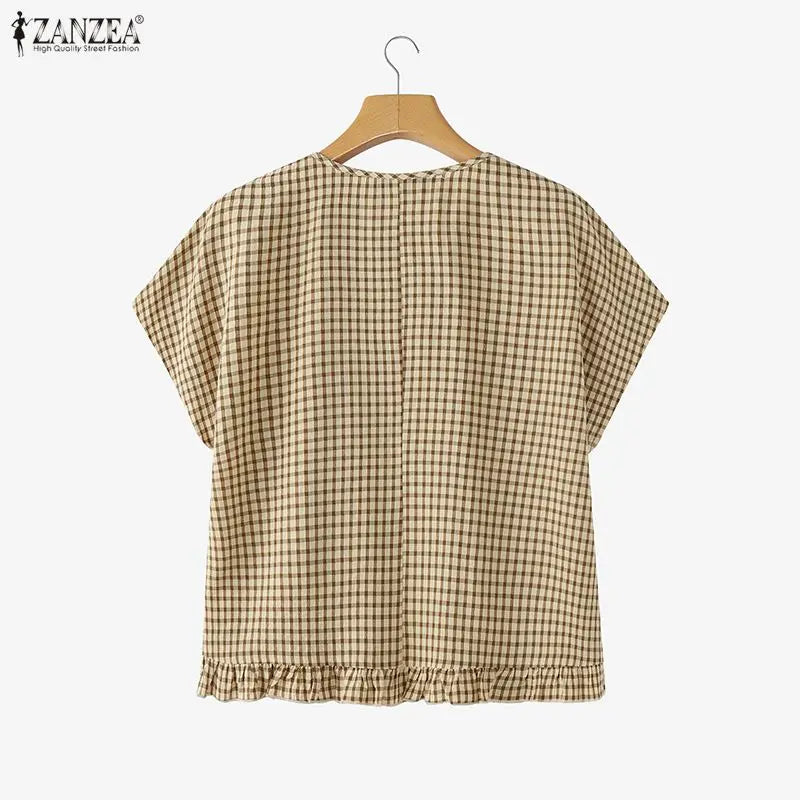 Women Summer Plaid Checked Blouse ZANZEA 2026 Fashion O Neck Short Sleeve Tops Casual Loose Holiday Shirt Elegant Work Blusas