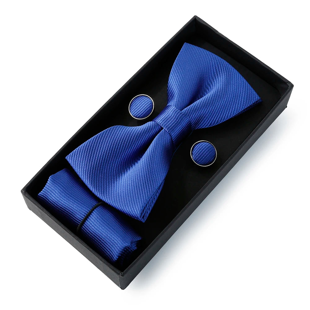 HUISHI Classic Black Bowtie Bow Ties For Mens Butterfly Bowknot Pocket Square Cufflinks Suit Set Bussiness Accessories Gift Box