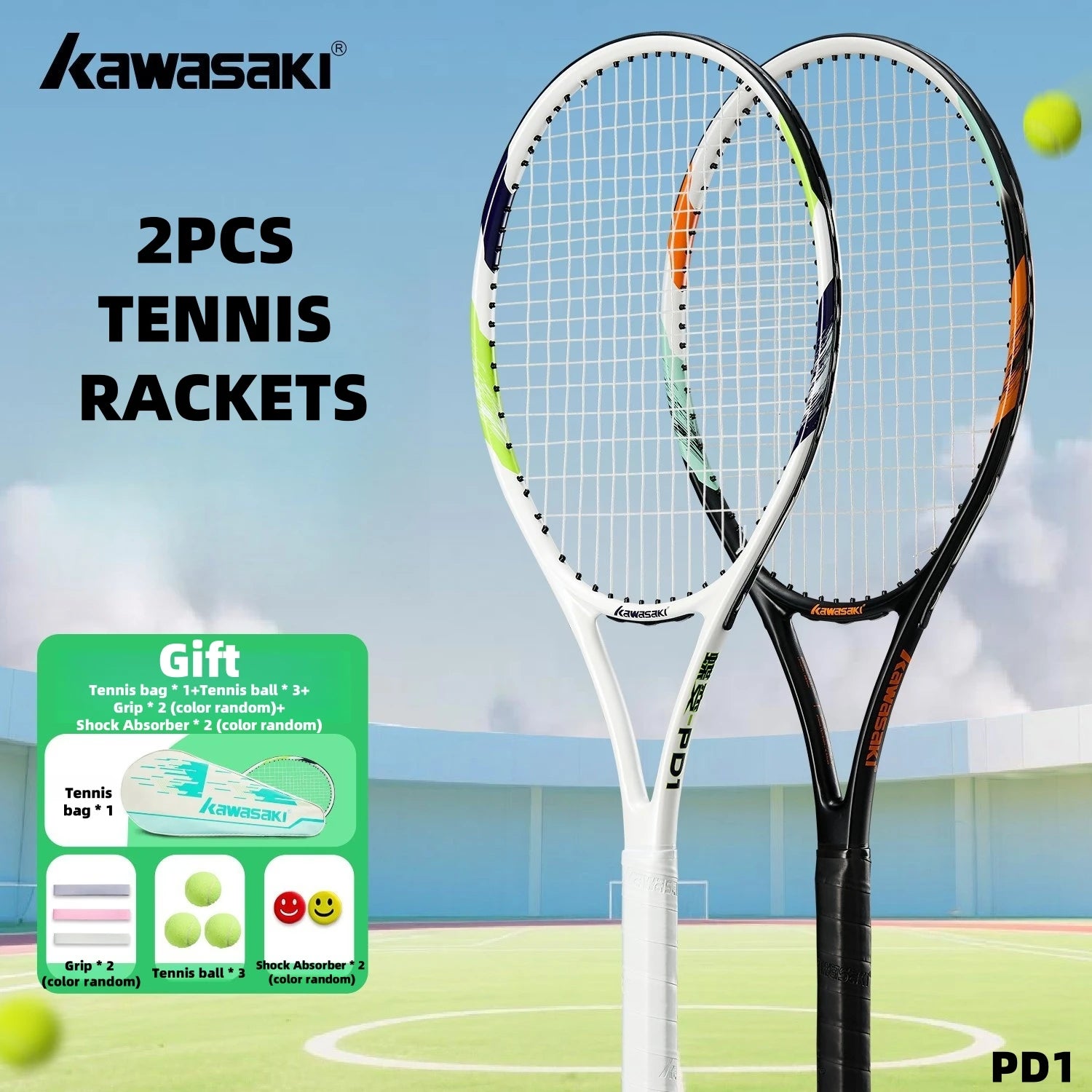 Kawasaki Light Tennis Rackets Set Carbon Composite Racquet Set KD1&PD1 Beginner Professional Shooting Men and Women Training Set