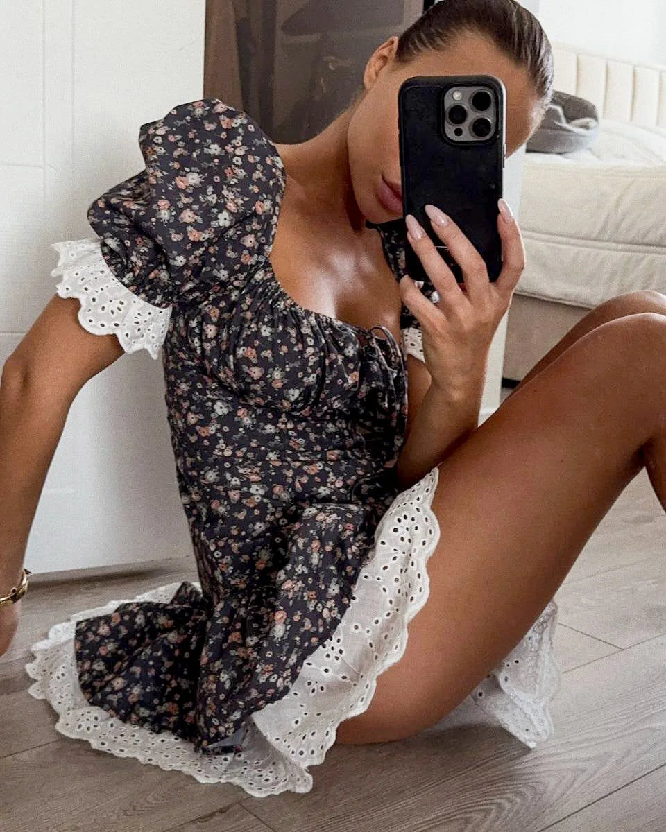 Elegant French Lace Floral Dress 2025 Spring and Summer Woman Sexy Square Neck Commute Soft Home Travel Casual High Waist Dress