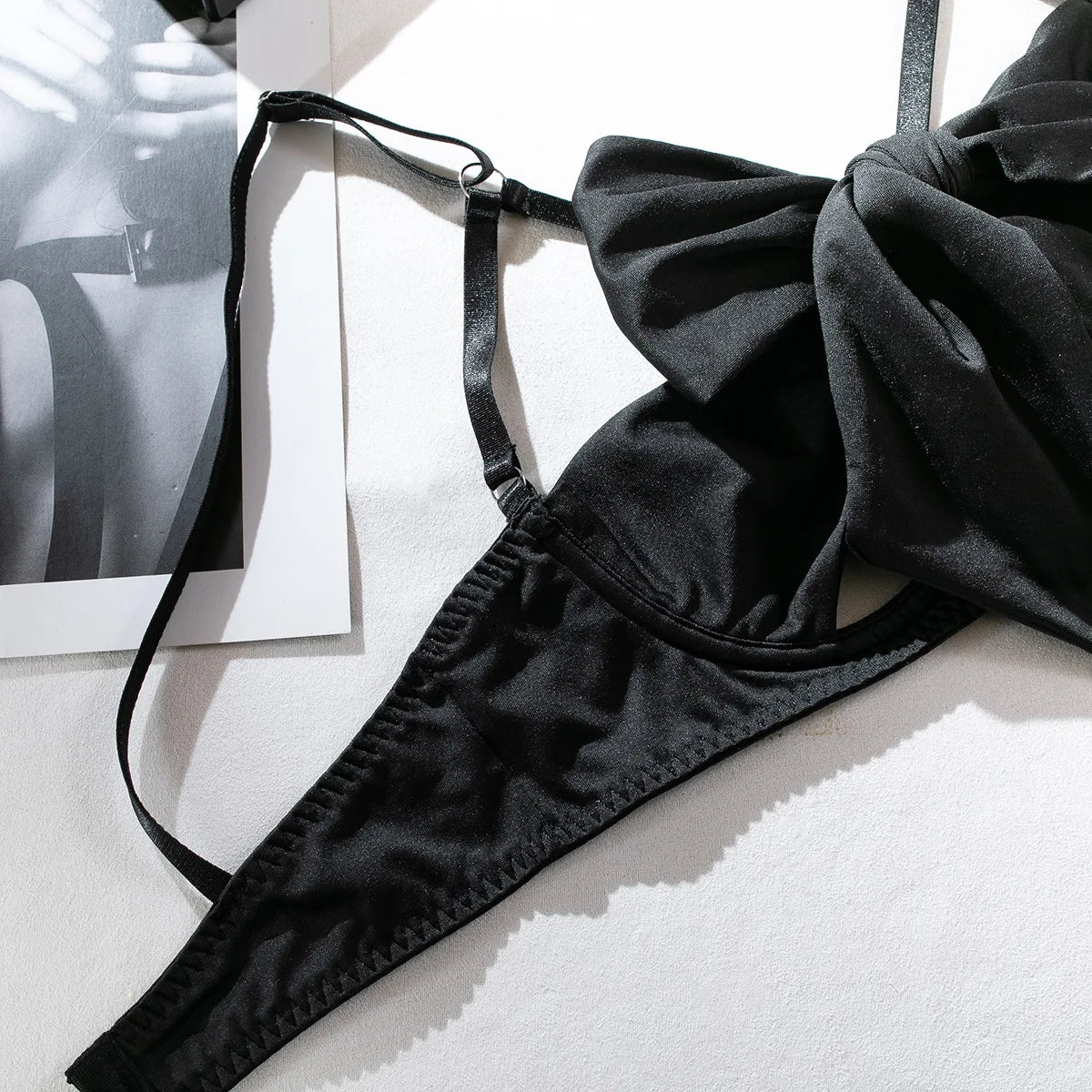 Sexy Hollow Out Bow Decor Lingerie Set Women Solid Exotic Apparel Suit Female Pure Desire Style Underwear with Garter and Gloves