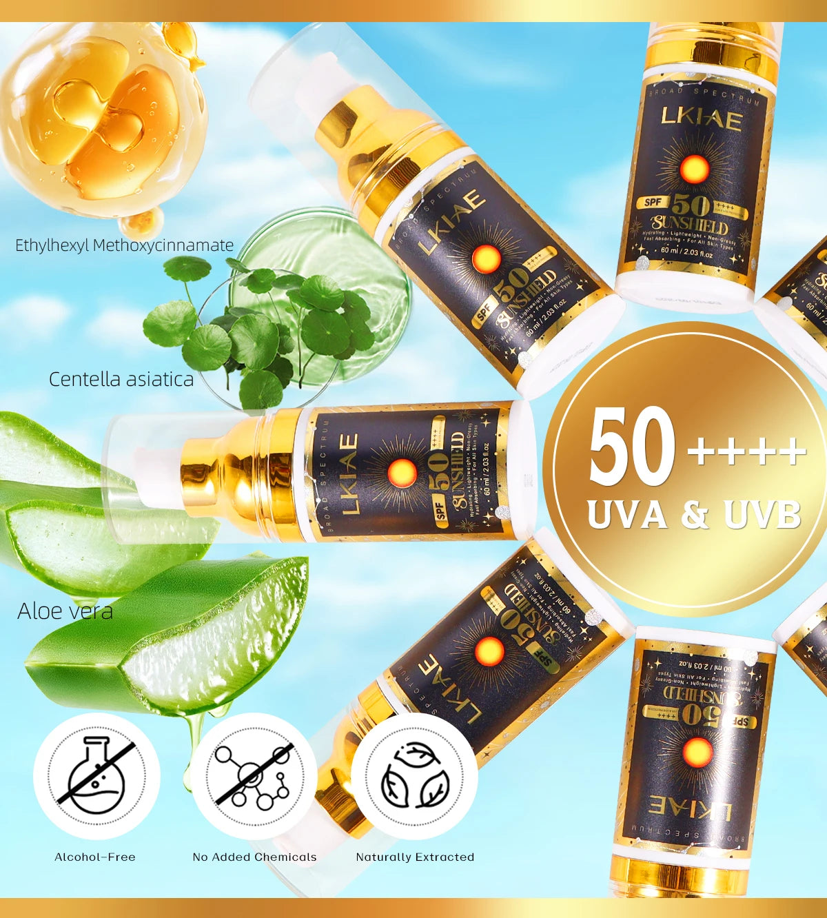 LKIAE Sunscreen, Broad Spectrum SPF 50, UVA/UVB, Lightweight & Non-Greasy, Sunblock, for Face, Body, Non-Comedogenic, 60ml