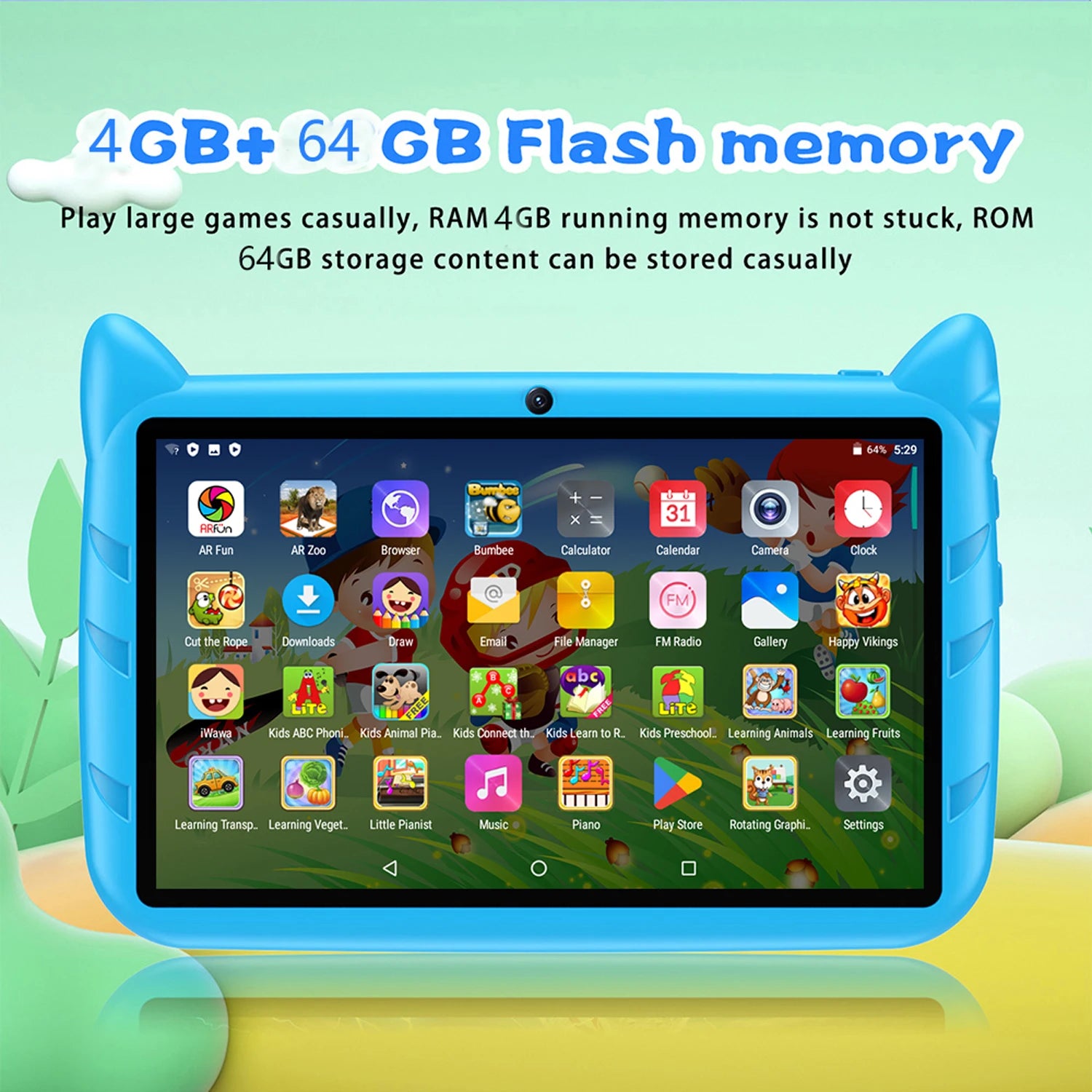 BDF Cartoon Pattern 7 Inch Kids Tablet Quad Core 4GB RAM 64GB ROM Android 13 Google Learning Education Games Tablets 4000mAh