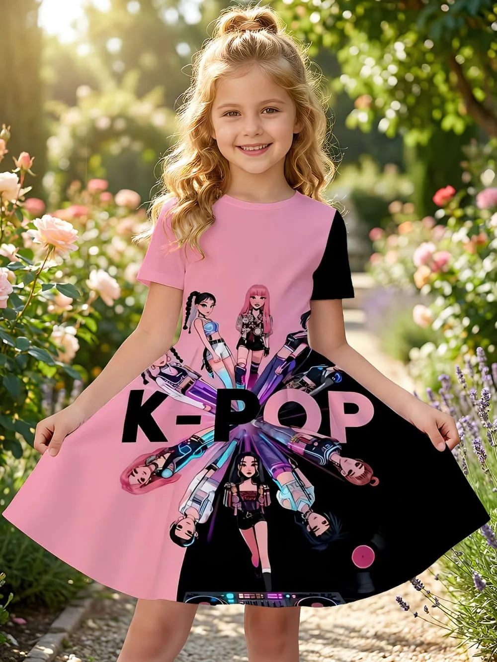 Kpop Cartoon Graphic Dress for Girls Funny Gift for Fan Harajuku Girl Clothes Summer Tops Short Sleeve Dress Children's Clothing