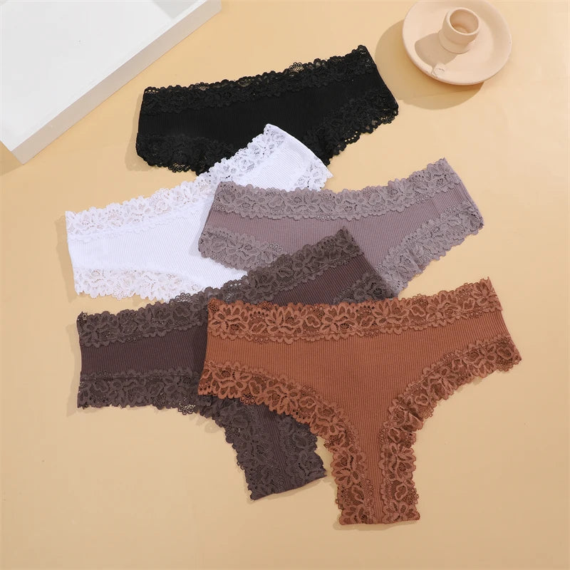 FINETOO 3Pcs Women Cotton Underwear Panties Sexy Lace Brazilian Briefs Low Waist Floral Solid Color G-string Breathable Lingerie