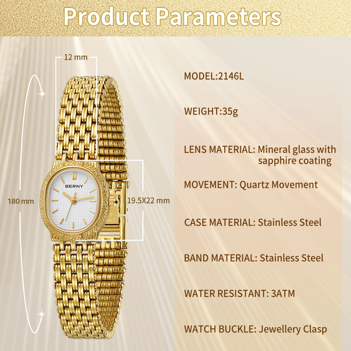 BERNY Gold Women's Watch Luxury Small Dial Ladies Gold Watch Jewelry Bracelet Quartz Lady Watch Stylish Fashion Women Watches