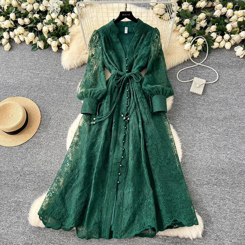 Spring Autumn French High-end Women's Dress New Lace Embroidery V-neck Lantern Sleeves Single Breasted Party Birthday Dress C192