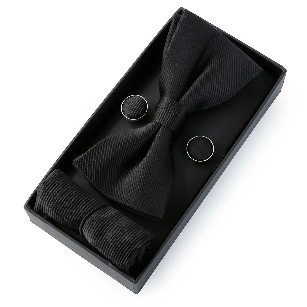 HUISHI Classic Black Bowtie Bow Ties For Mens Butterfly Bowknot Pocket Square Cufflinks Suit Set Bussiness Accessories Gift Box