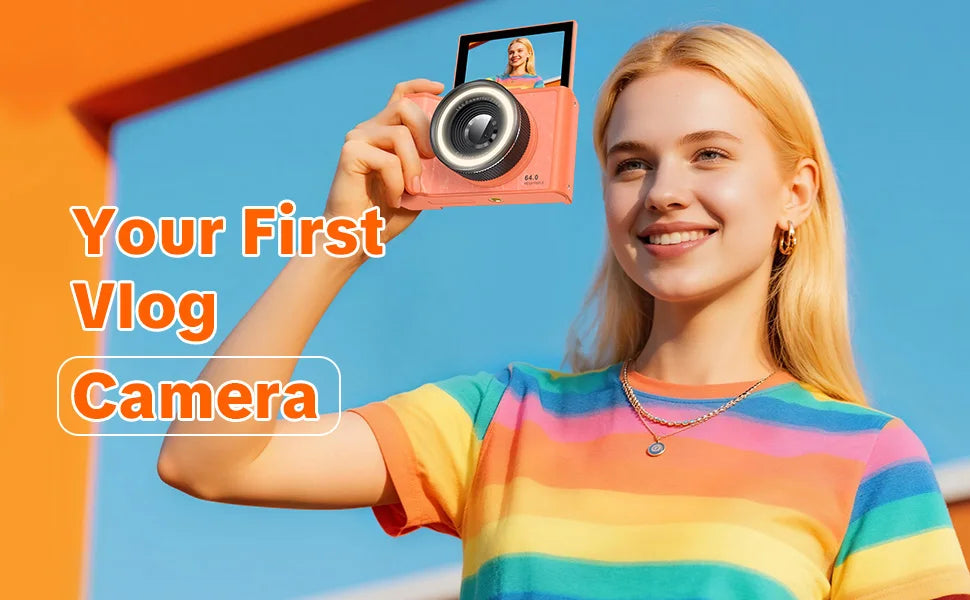 4K Vlogging Camera, 180° Flip Screen, Ring Light & Beauty Mode, Digital Camera for Beginners, 32G SD Card Included, Xmas Gift