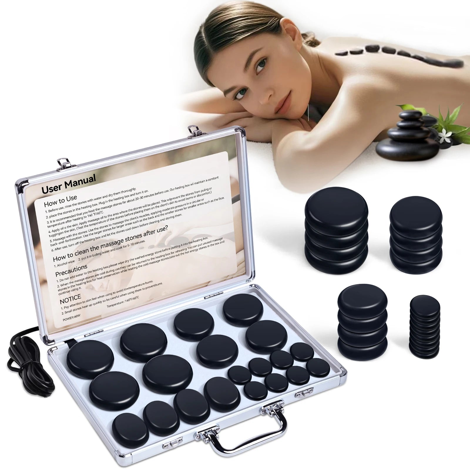HOT STONE MASSAGE SET - Professional Spa Massage Tools - For Neck, Back, Abdomen, Legs & Full Body Massage