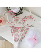 YUQI French Luxury Lingerie Set - Sexy Floral Embroidery Black Bra & Panty Set, Sheer Transparent Seductive Women's Intimates
