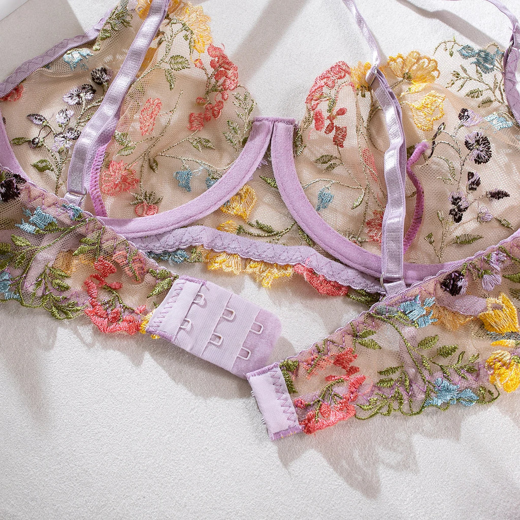Yimunancy Floral Embroidery Lingerie Set Women Sheer 2-Piece Boho Bra + Panty Underwear Set Intimates