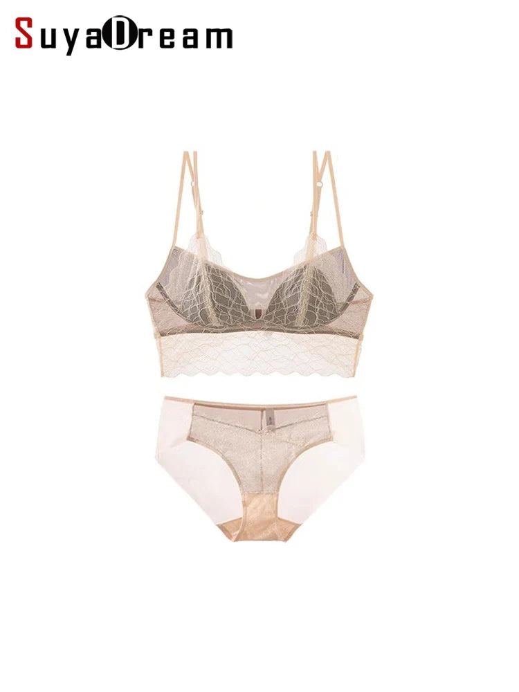 SuyaDream, Woman Lace Bra Set, Real silk Linings, Thin Mold Cup, Wire Free, Meshes Sheer Underwears, 2025 cozy Intimates Main image