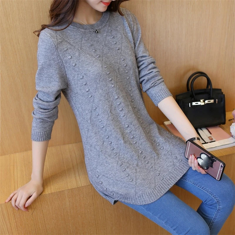 Knitted Jumper Autumn Winter Tops O-neck Long Sleeve Pullovers Casual Warm Women's Sweaters Midi Long Slim Sweater Girls