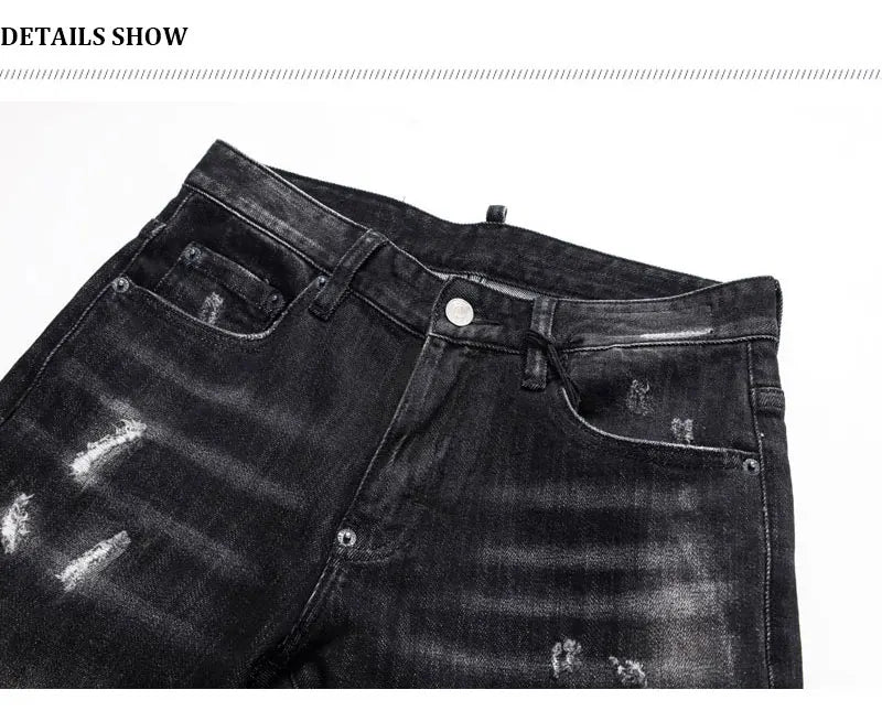 Street Fashion Men's Tight Black Grey Jeans Retro Elastic Slimming Split Style Jeans Men's Retro Designer Brand Jeans Hombre