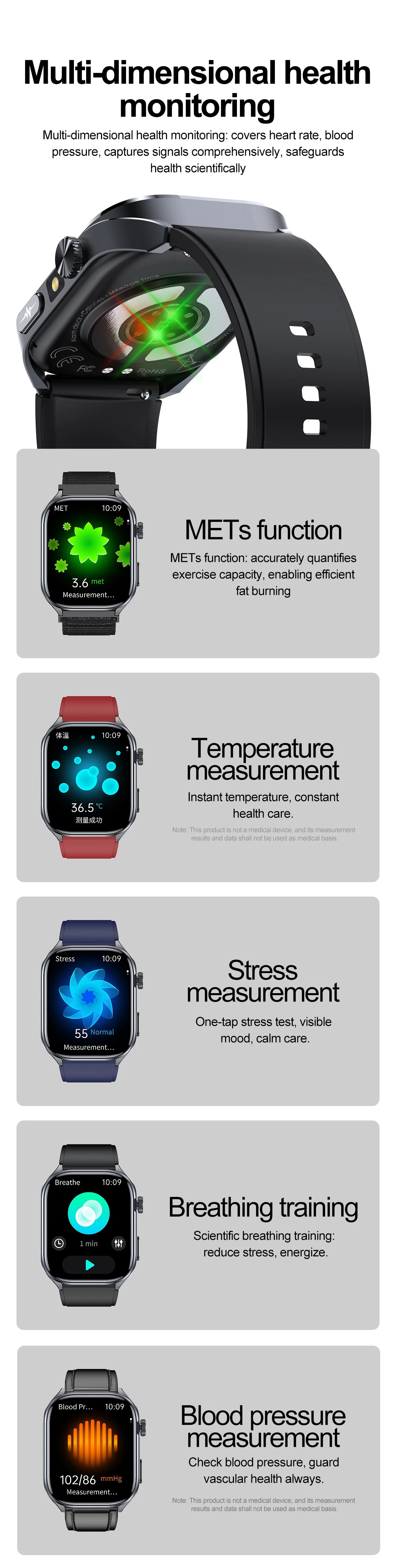 New Health Watch Uric Acid Blood Pressure Blood oxygen Body Analysis Body Fat SmartWatch ECG+PPG Bluetooth call Clock Women Men