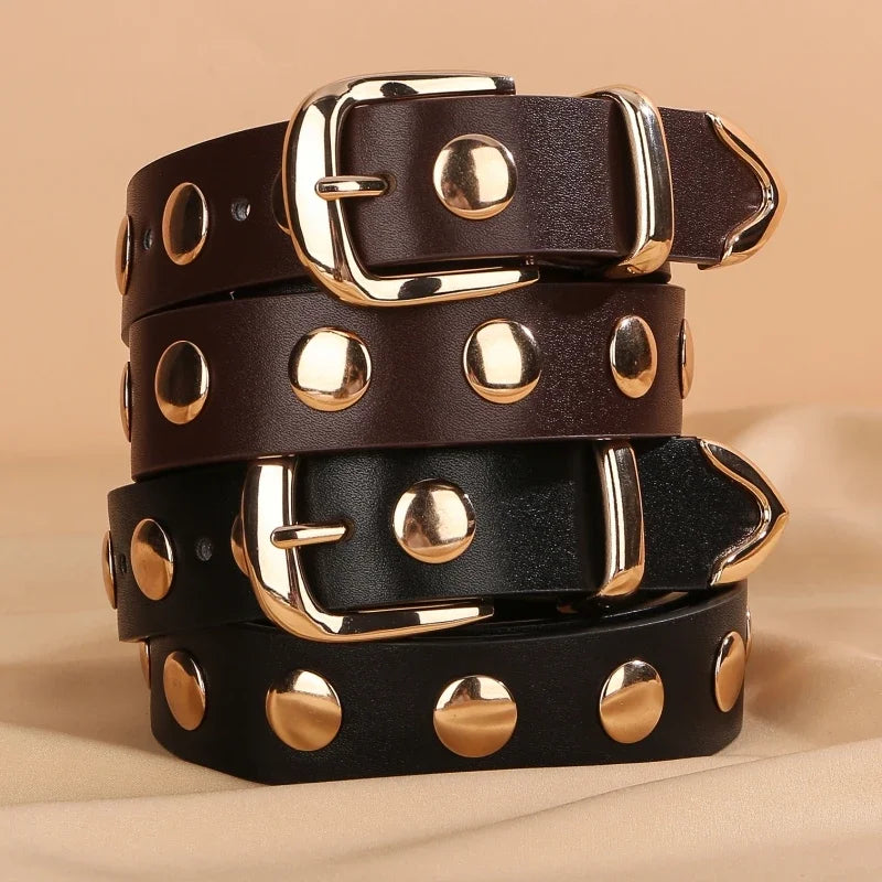 Women Fashion Leather Belt Studded Punk Black Belts for Jeans Dress Ladies Belt with Gold Buckle Adjustable Waist Belt