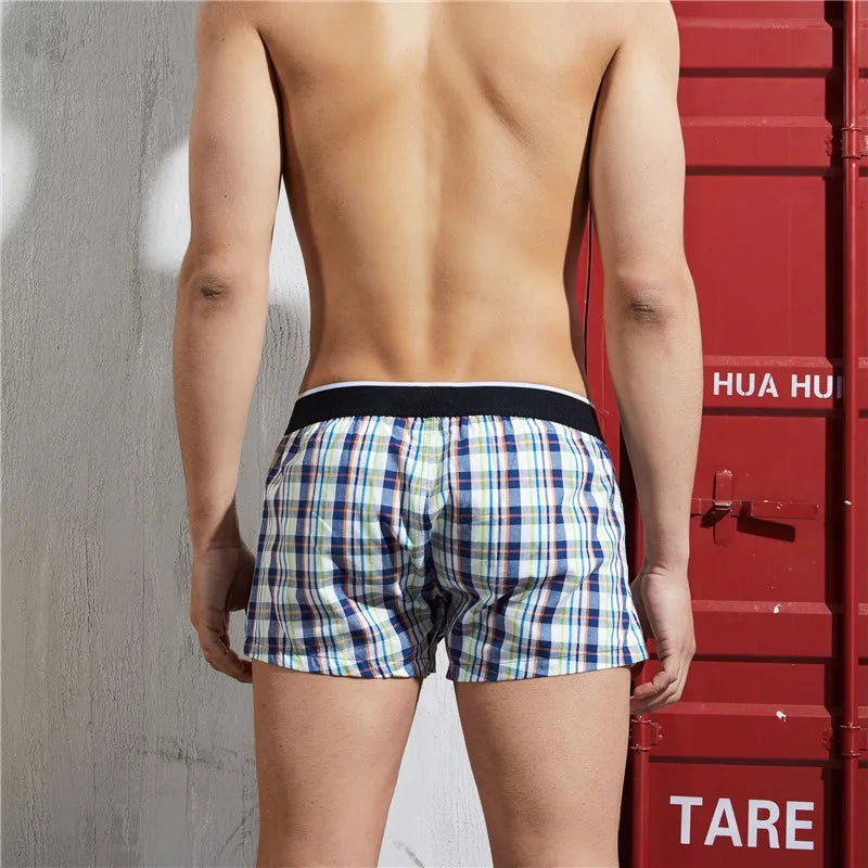 SEOBEAN Classic Plaid Mens Boxer Shorts 100% Cotton Underwear Boxershorts U convex Pouch Arrow Panties Shorts Men Sleep Bottoms