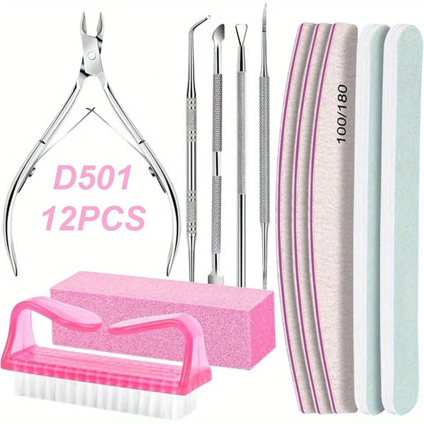12Pcs/lot Nail Art 100/180 Grit Professional Files Buffer Sponge Block Brush Nail Scissors Kit With Cuticle Nipper Pushers