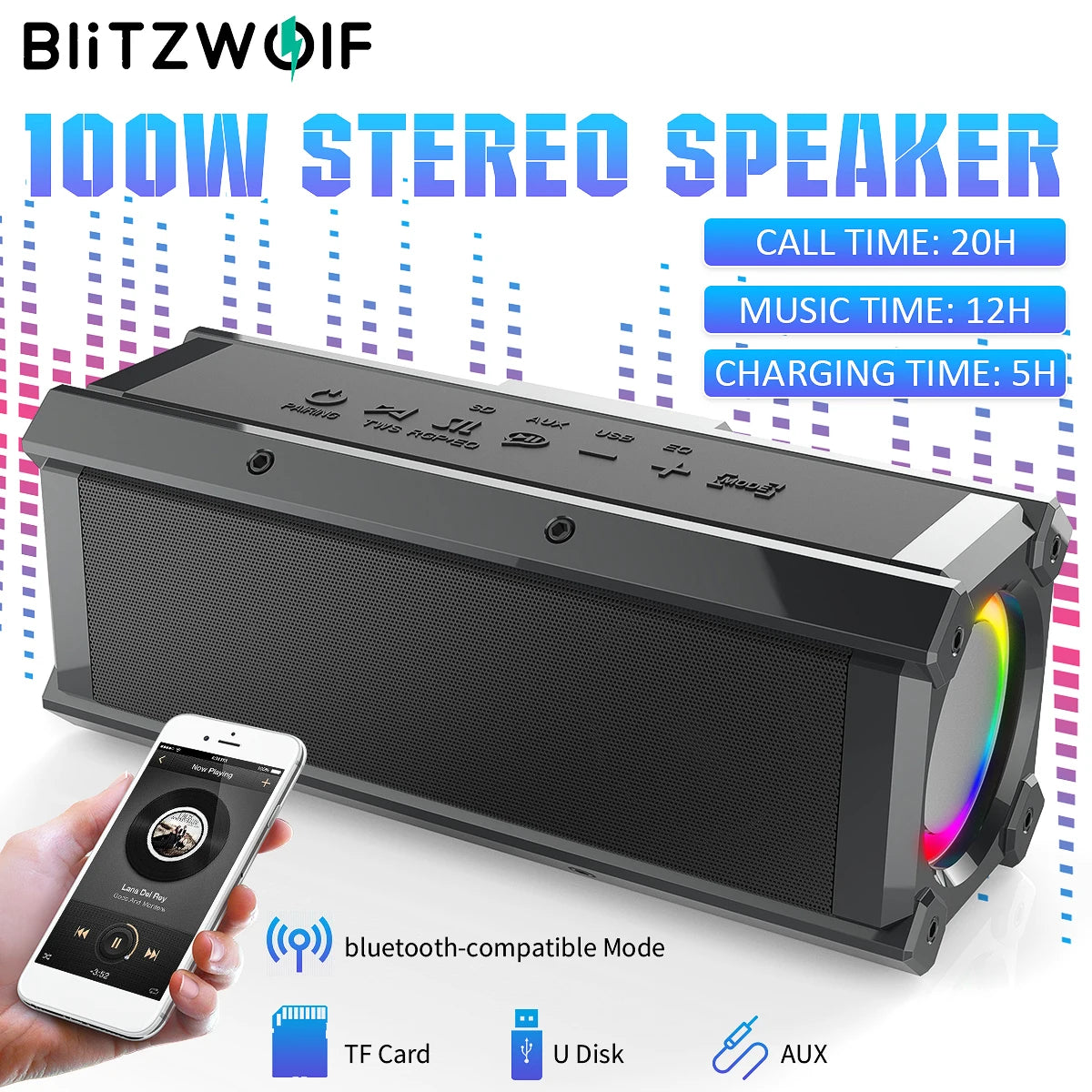 BlitzWolf BW-WA3 100W TWS bluetooth Speaker Quad Drivers Dual Diaphragm Deep Bass RGB Light IPX5 Waterproof 5000mAh Speakers Main image