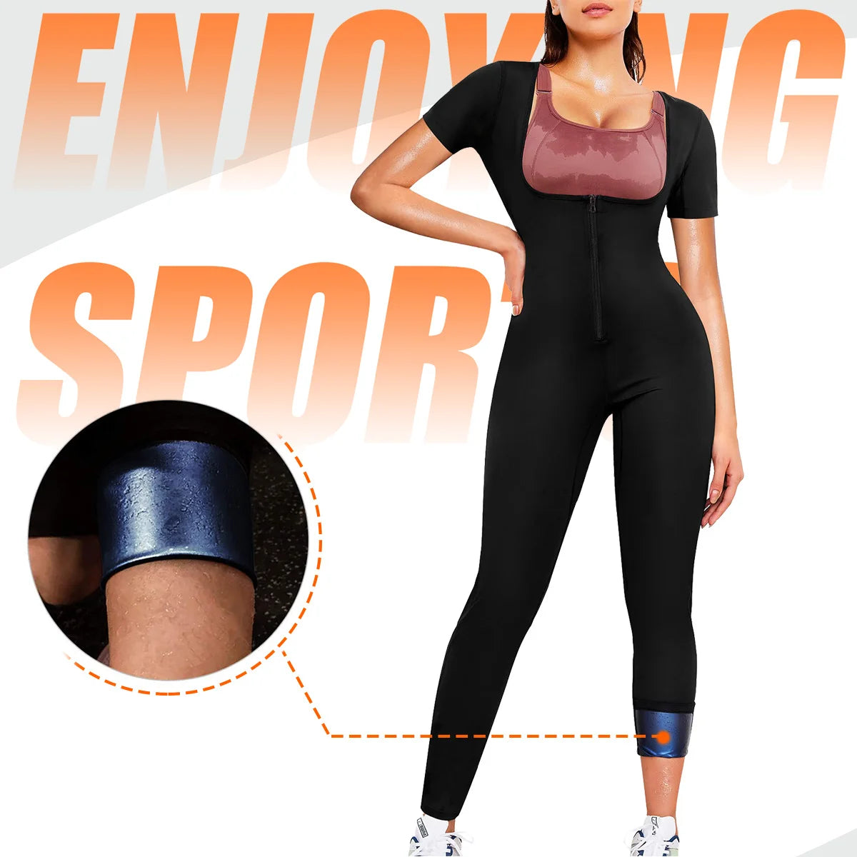 Full-body sauna suit women's short-sleeved jumpsuit waist trainer with zipper abdominal fat exercise suit Main image