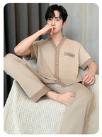 Men's Japanese Kimono Casual Fashion Solid Color Cardigan Loose Summer Short-Sleeved Pajamas with long pants Home Comfort Wear