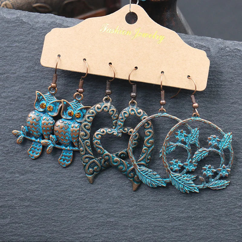 Boho 3Pcs/set Ethnic Leaf Bronze Earrings Set Vintage Hanging Earrings for Women Gypsy Statement Jewelry Accessories Pendientes