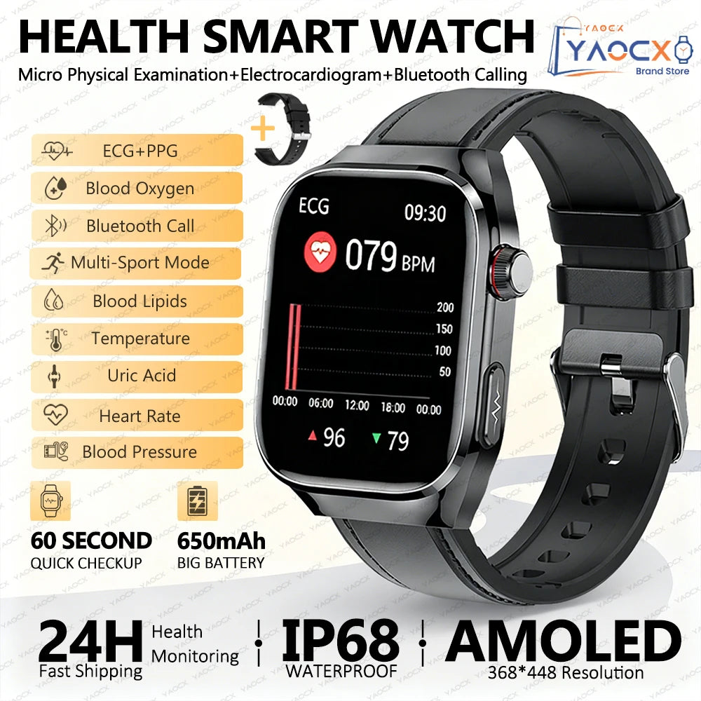 2026 New Nursing Grade Uric acid Blood lipids Smart Watch Men ECG+PPG Blood Pressure Heart Rate Bluetooth Call Health Smartwatch