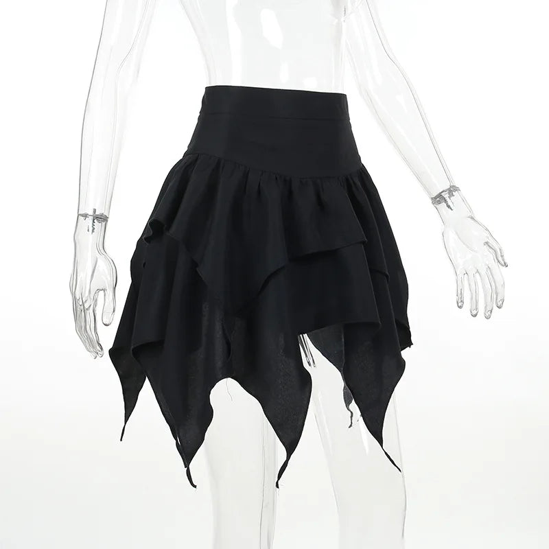 Summer Fashion Short Skirts New Sexy Women Gothic Punk Irregular Skirts Solid Color Drawstring Tie-Up Ruched Ruffles Mini Skirt