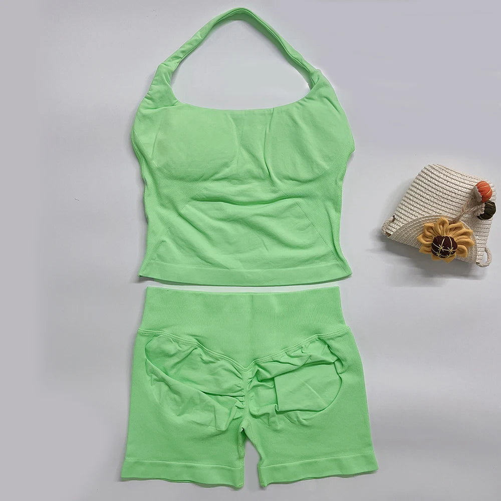 yoga outfits Women 2 pcs Sports DFNNYE Impact Set halterneck Backless Halter Top Seamless Scrunch Shorts Gym Workout Sports Suit