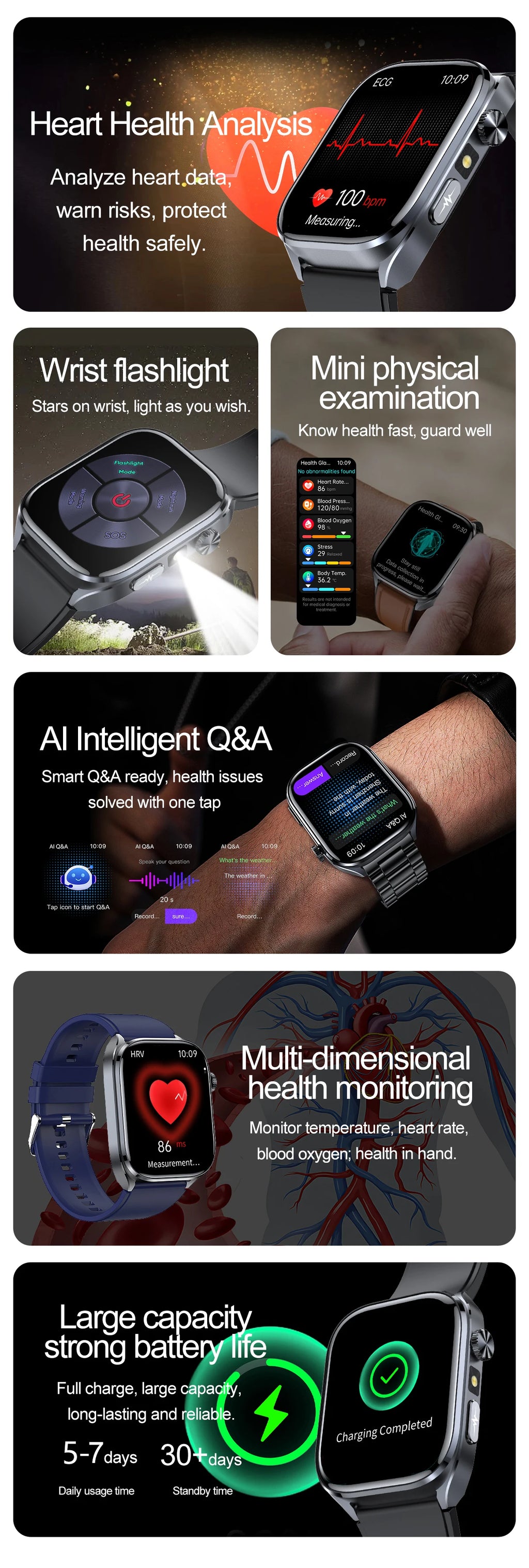 New Health Watch Uric Acid Blood Pressure Blood oxygen Body Analysis Body Fat SmartWatch ECG+PPG Bluetooth call Clock Women Men