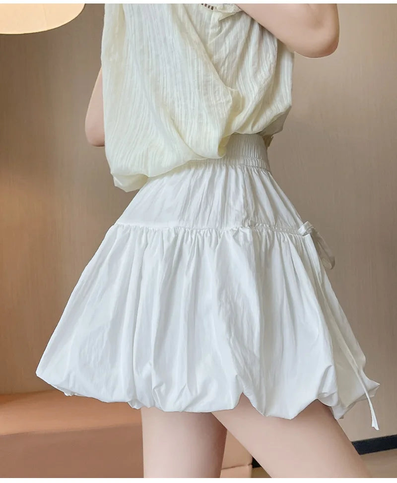 Sweet Bow Pleated Fluffy Skirts for Women Summer Korean Style Elastic Waist Lantern Skirt Woman Loose White A-Line Short Skirts