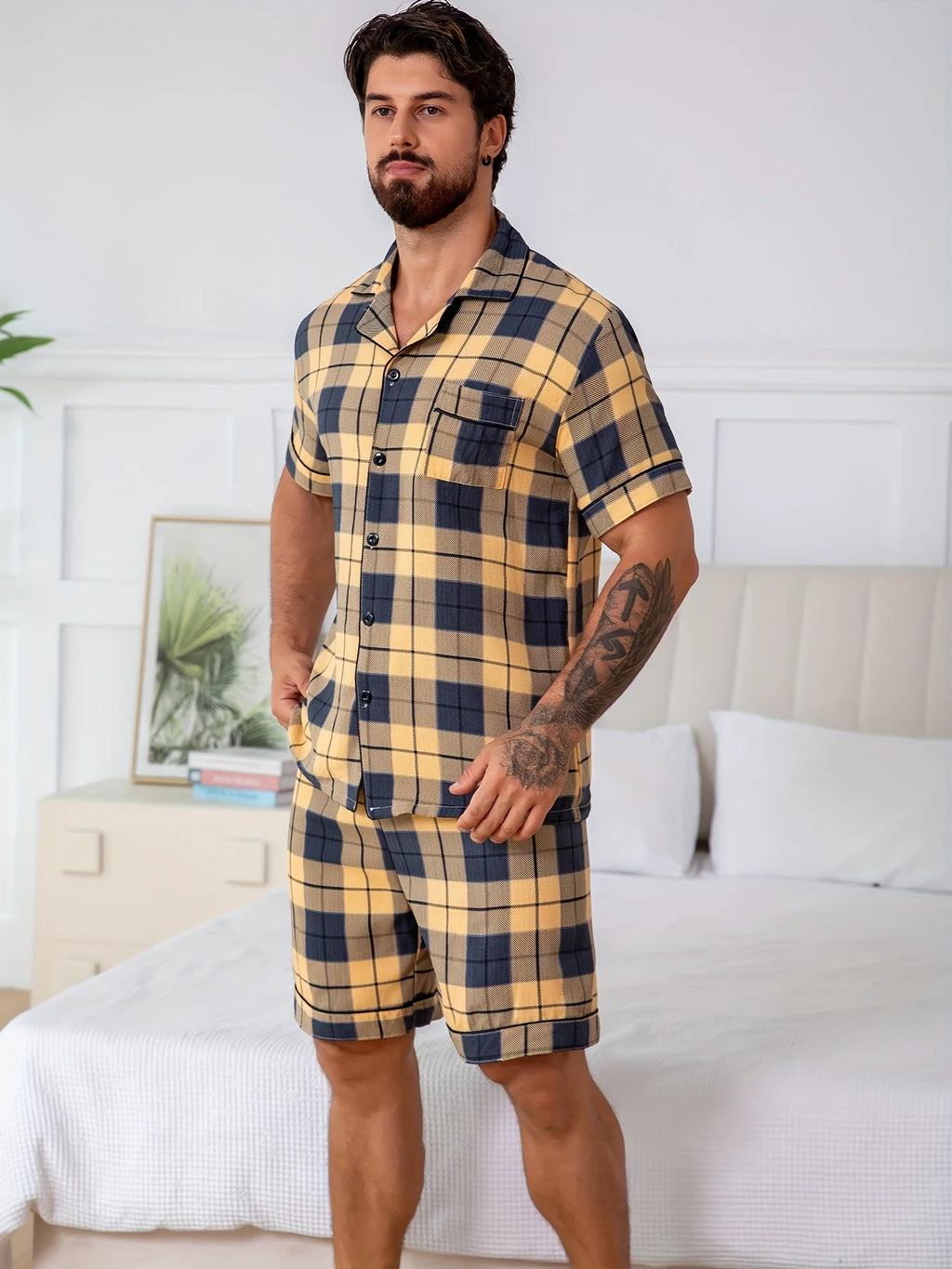 Men's Short-sleeved Pajamas Set - 2 Piece Set Plaid Casual Summer Loungewear with Pocket V-neck Light and Thin Men's Pajamas Pjs