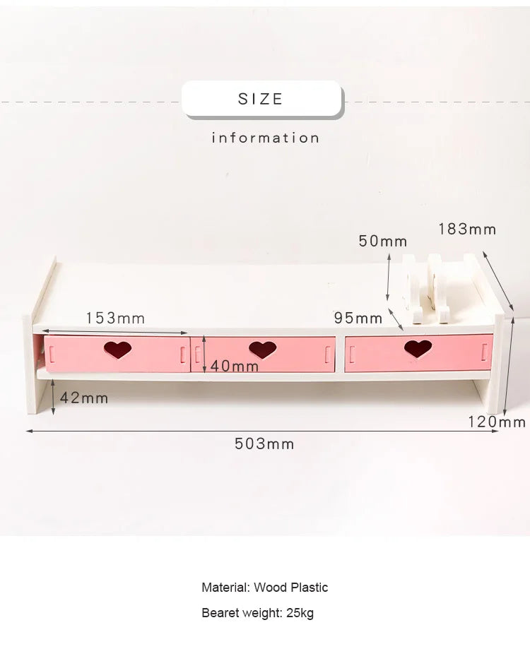 Pink White Student Storage Rack Heart Drawers Monitor Laptop Increase Shelf Office Screen Riser Holder Stationery Pen Storage