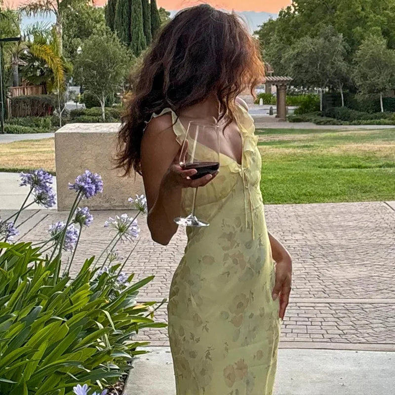Cryptographic Summer Floral Print Plunge Maxi Dress Outfits Sexy Backless Fairy Sun Dresses Vacation Beachwear Vestido Coquette