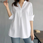 ZANZEA Women Fashion Whiter Shirts Casual Loose Button Down Blusas 2024 Summer Office Blouse Korean OL V-neck Long Sleeve Tunics