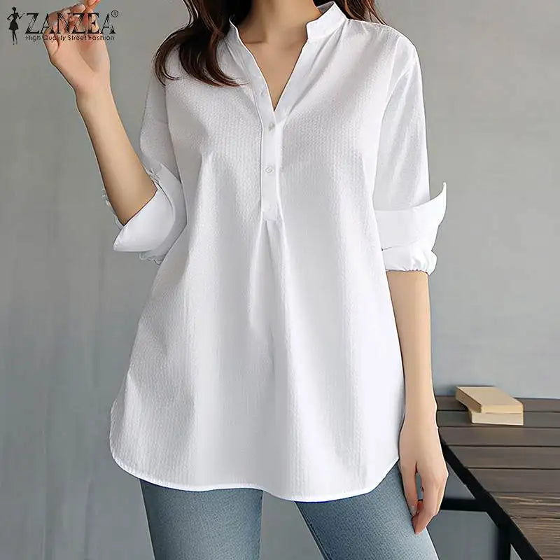 ZANZEA Women Fashion Whiter Shirts Casual Loose Button Down Blusas 2024 Summer Office Blouse Korean OL V-neck Long Sleeve Tunics