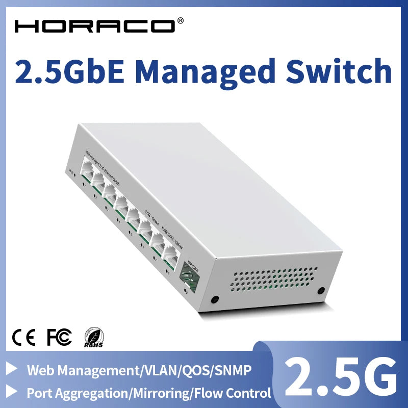 HORACO 2.5GbE Managed Switch 8 Port 2.5GBASE-T Network Switcher 10G SFP+ Slot Uplink Web Managed Hub Internet Splitter Fanless