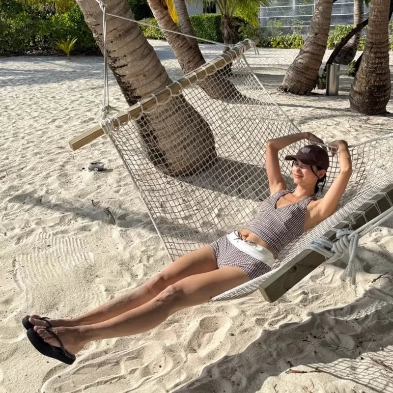 Sexy V-neck Small Chest Gathered To Cover The Belly Exposed Back Fashionable Checkered Flat Angle Pants Split Swimsuit for Women