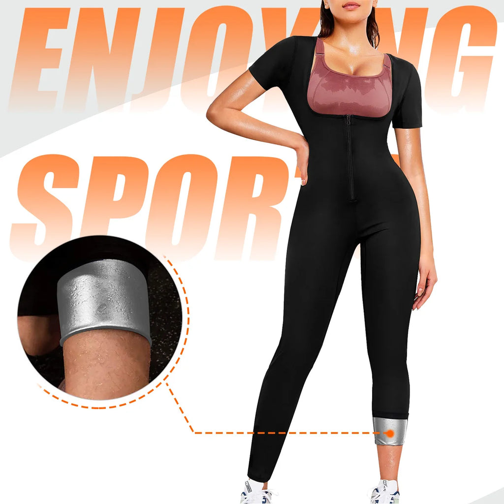Full-body sauna suit women's short-sleeved jumpsuit waist trainer with zipper abdominal fat exercise suit