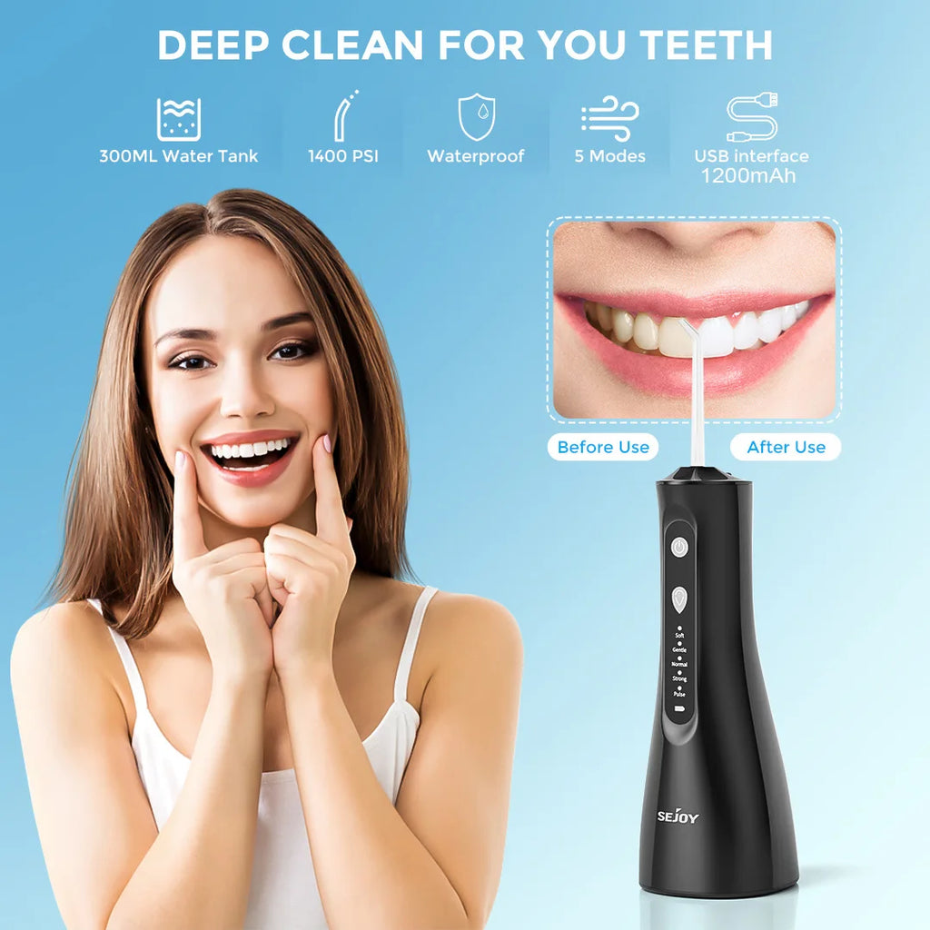SEJOY Portable Electric Water Flosser Irrigator Dental Teeth Whitening strips 350ML Tank 5 Modes 5 Jet Tips For Home Travel