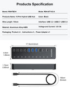 RSHTECH 10 in 1 USB C Hub 10Gbps USB-C with Individual Touch Switches Multiport Splitter Docking Station for MacBook Laptops PC