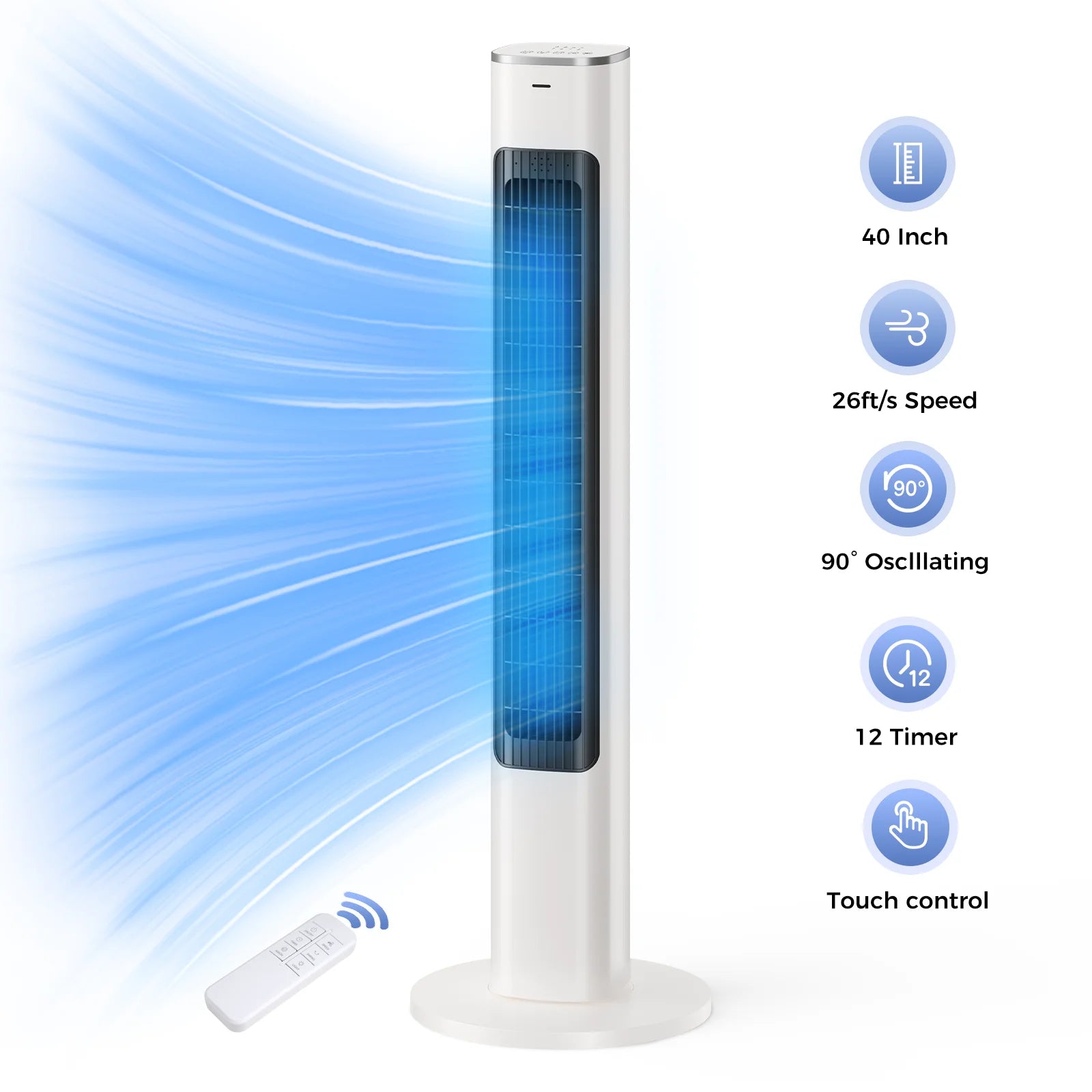 Patbrela 40inch Electric Tower Fan, 4 Speeds, 51° Oscillation, Remote Control, 12H Timer, 45W with Touch Control Main image