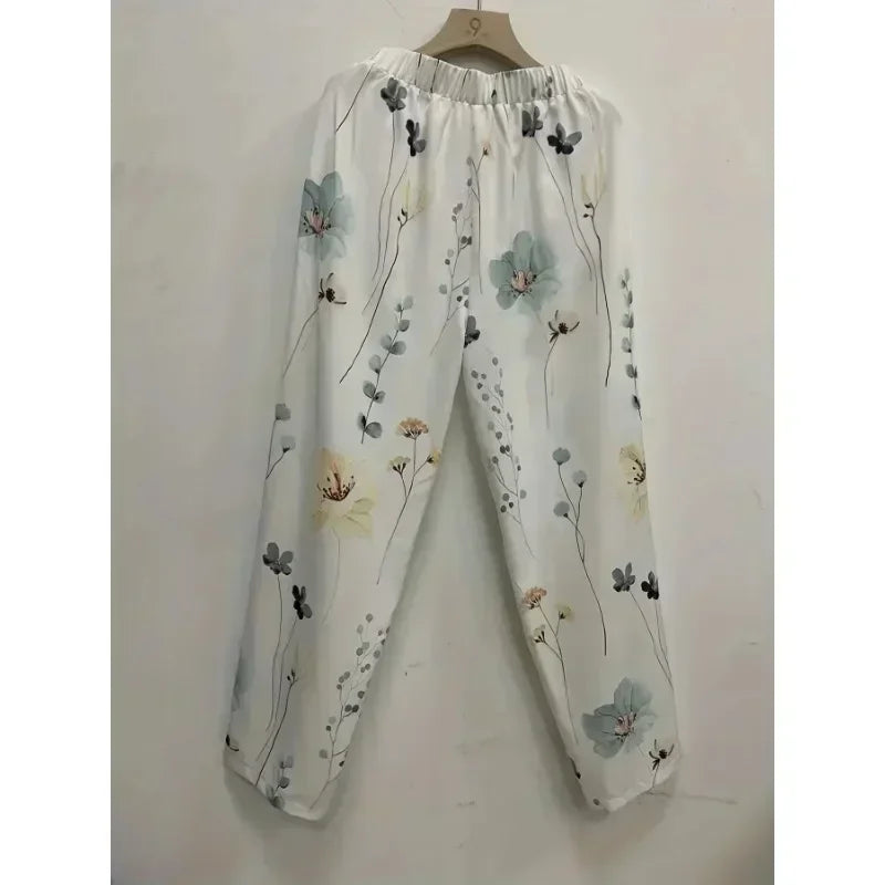 Plus Size 1XL-5XL Women's Fashion Floral Print Straight Elastic Drawstring Pocket Pants Ladise Casual Versatile Pants